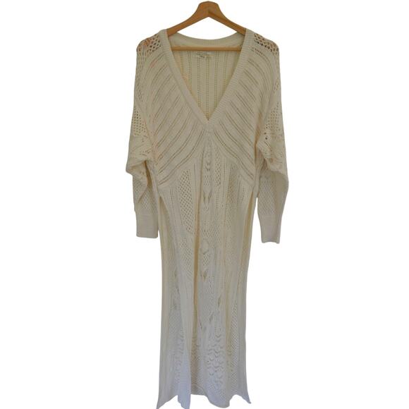 Anthropologie Open-Stitch Side-Slit Tunic Sweater Dress Duster Ivory M - Picture 5 of 11